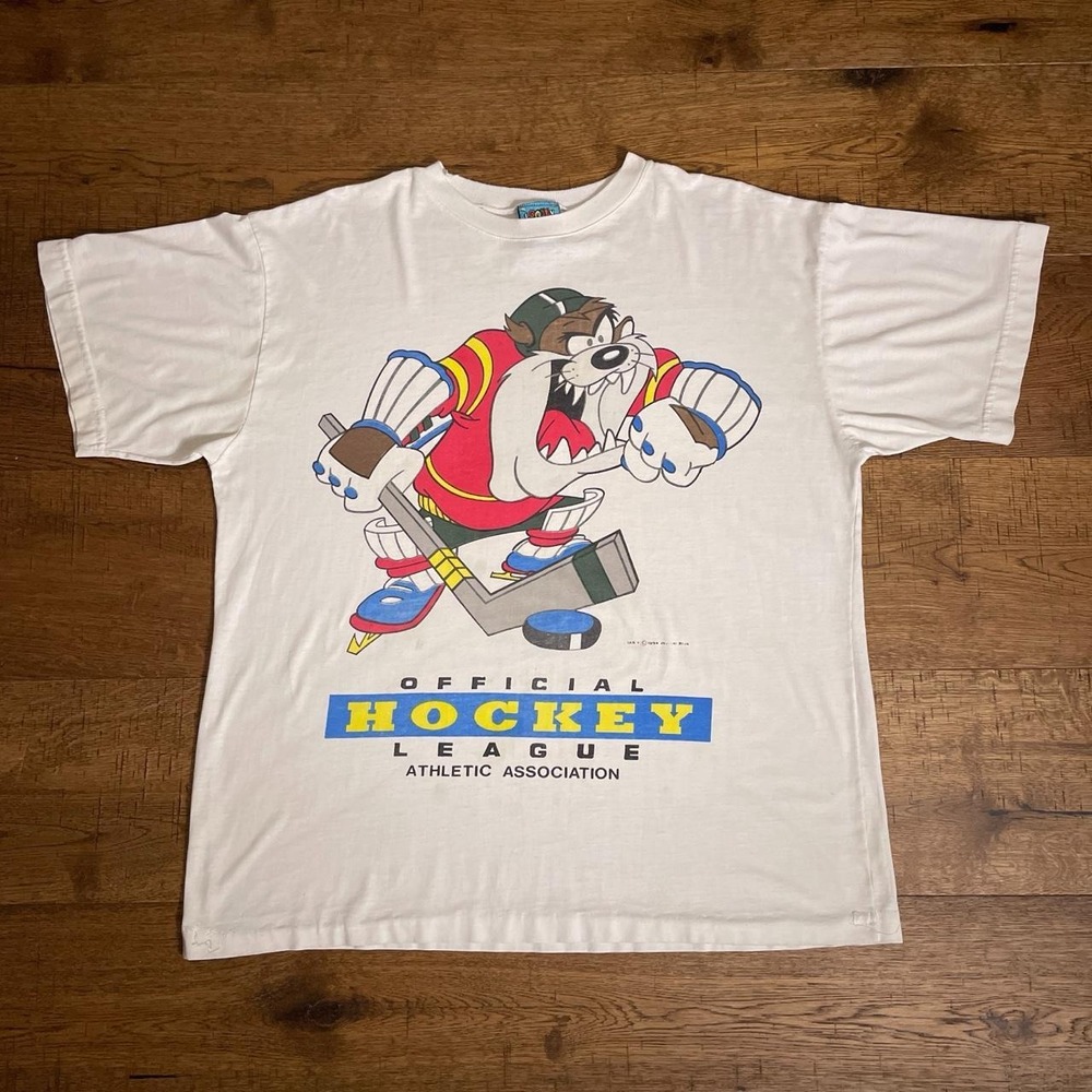 Looney Tunes Hockey Tee Mens M White Kidcore 1994 Taz Oversized Graphic T-Shirt